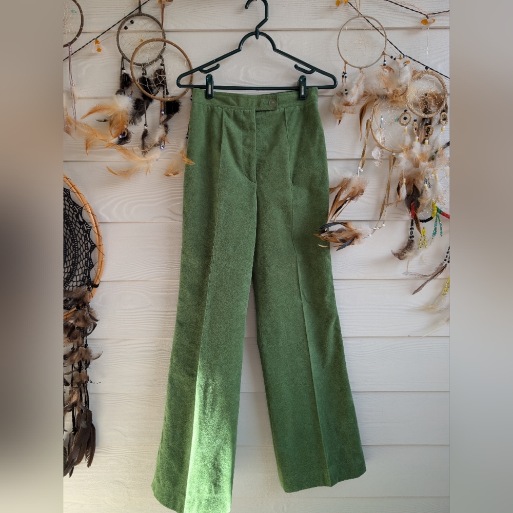 Vintage Boho Hippie Green Suede Leather Pants High Waist Wide Leg 70s 80s